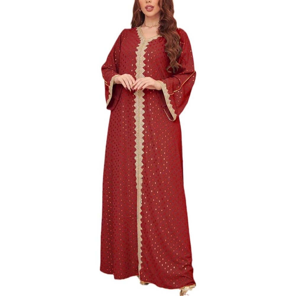 Women's Muslim Abaya V Neck Bronzing Dress Full Length Kaftan Casual